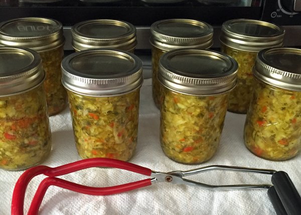 Make your own hot dog relish - finished jars of homemade hot dog relish and jar lifter tool
