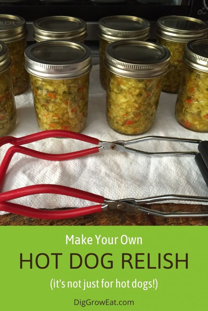 Make your own hot dog relish - jars of homemade hot dog relish and canning jar lifters