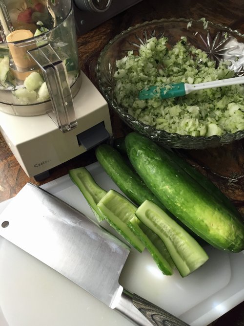 Make your own hot dog relish - food processor, cucumbers and diced cucumbers in a glass bowl
